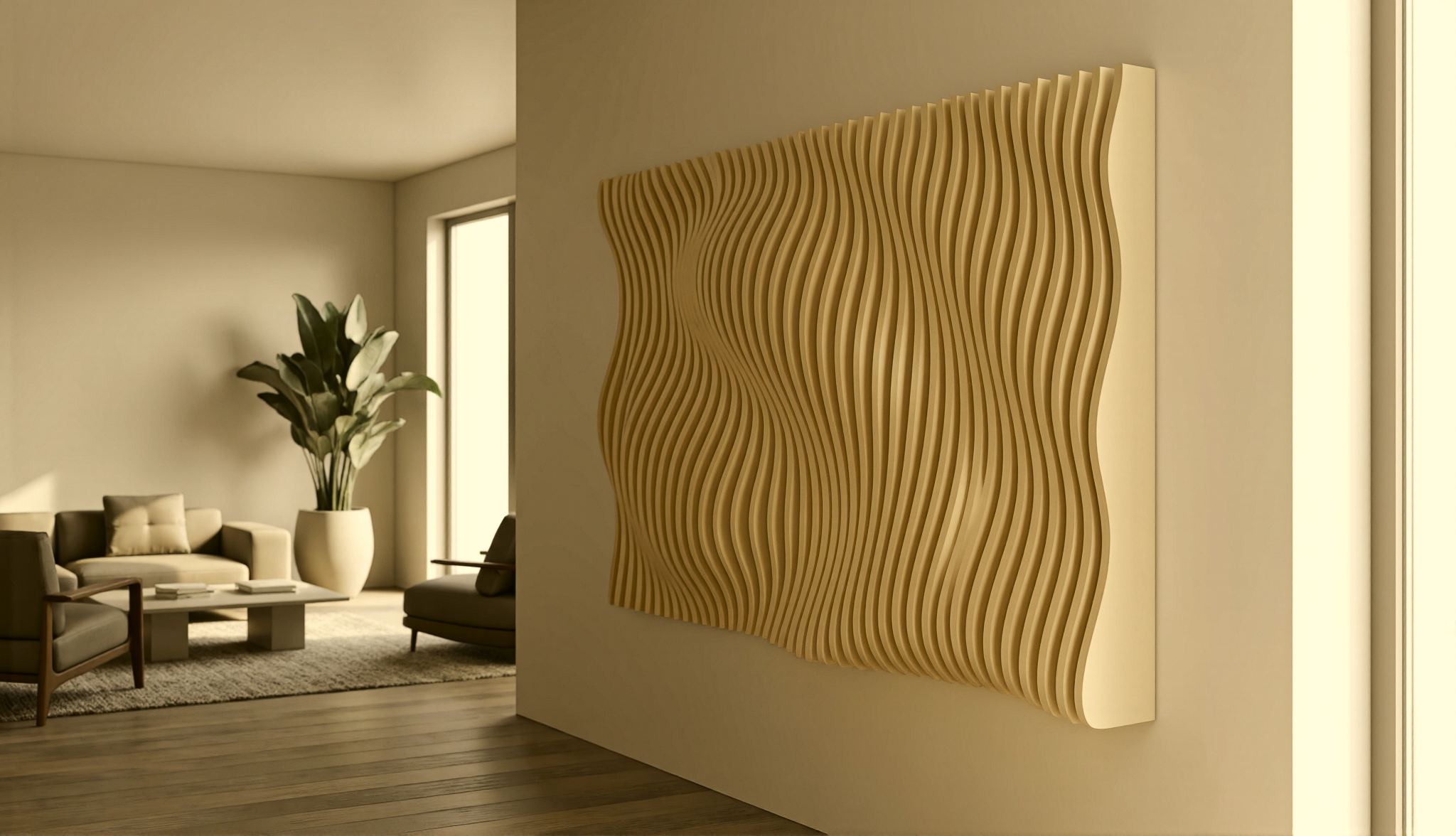 A parametric wood slat wall panel installed in a modern interior.