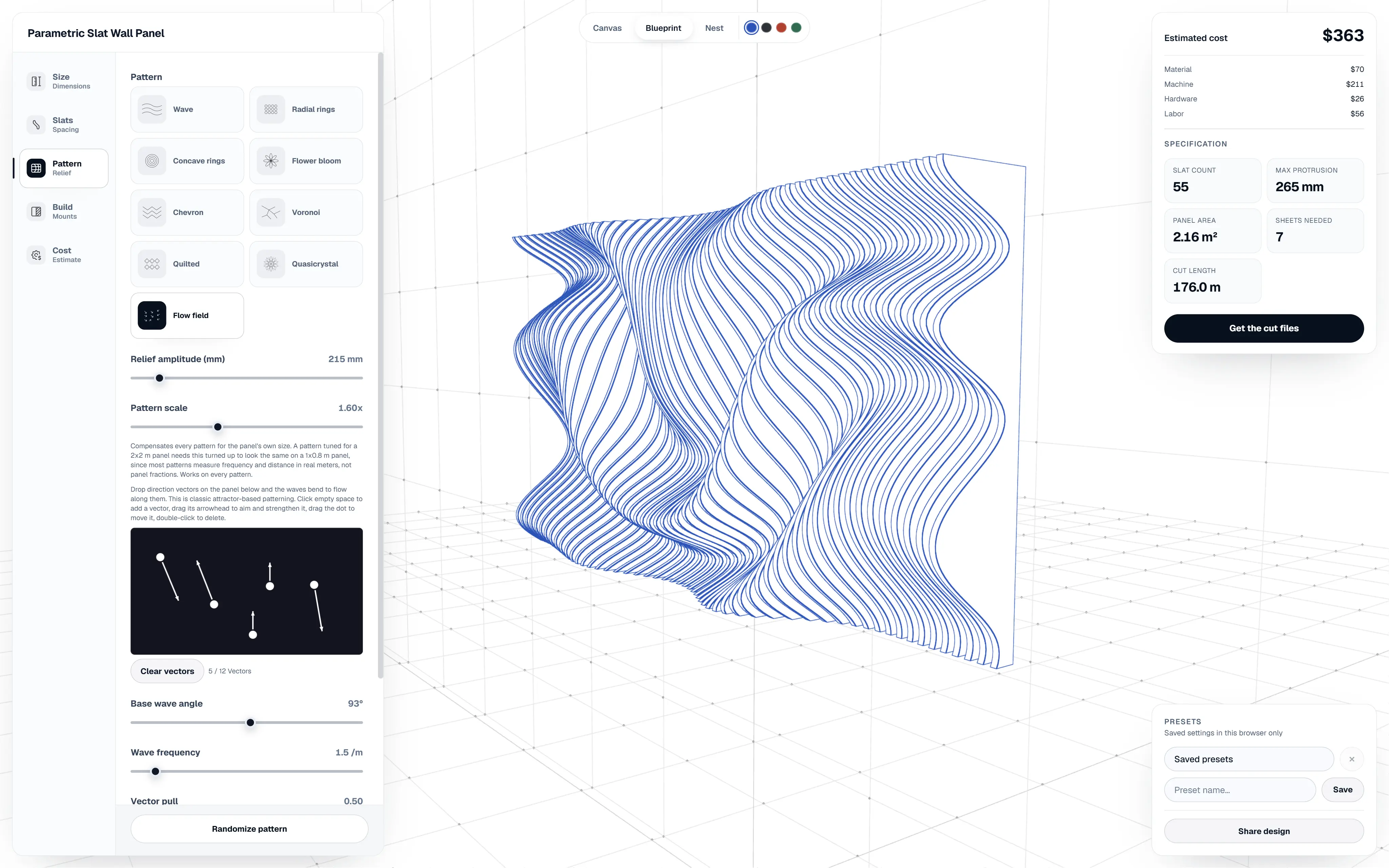 The kerfab editor showing a parametric slat wall in blueprint view, with a live cost estimate, specification panel and pattern picker.